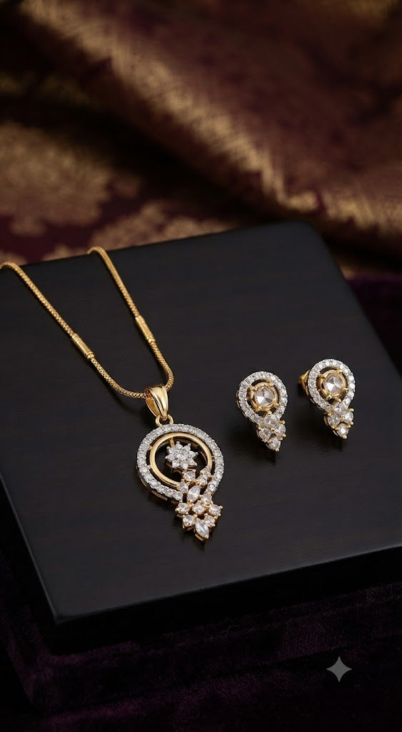 Radiant Floral & Crescent American Diamond Pendant Set with Matching Earrings