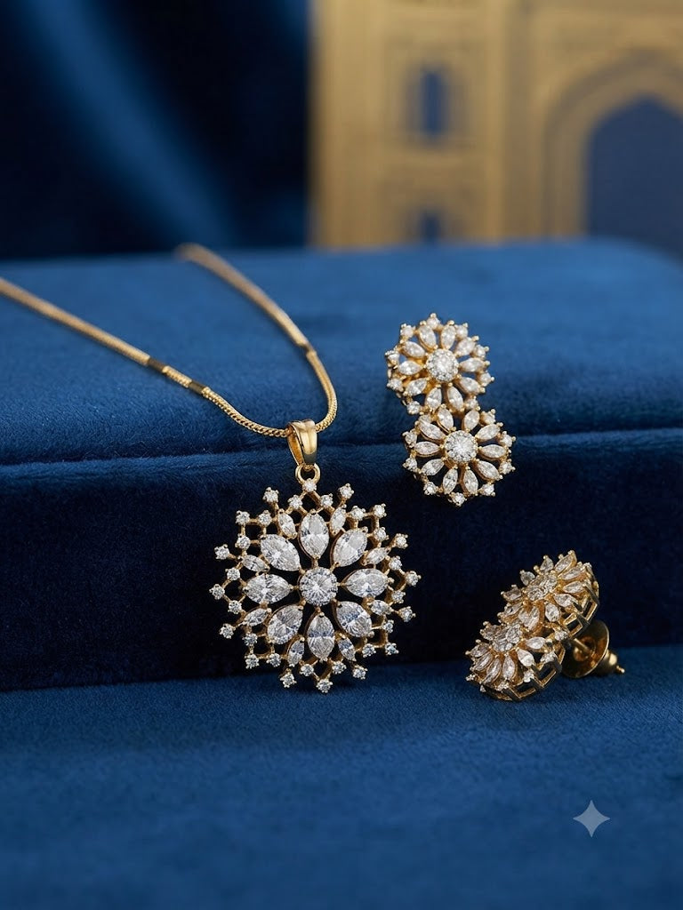 Elegant Floral Diamond-Studded Gold-Plated Pendant Set with Matching Earrings