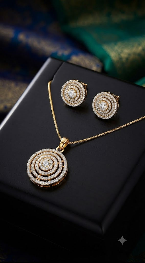 Radiant Concentric Circles American Diamond Pendant Set with Matching Earrings