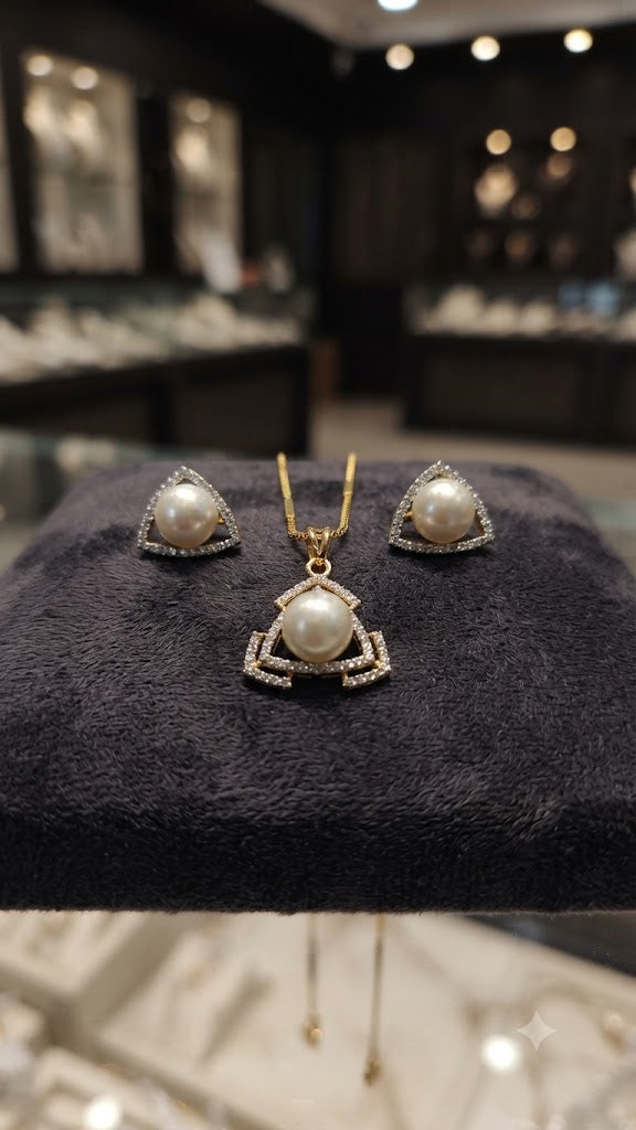 Regal Triangle Pearl Pendant & Matching Studs Set