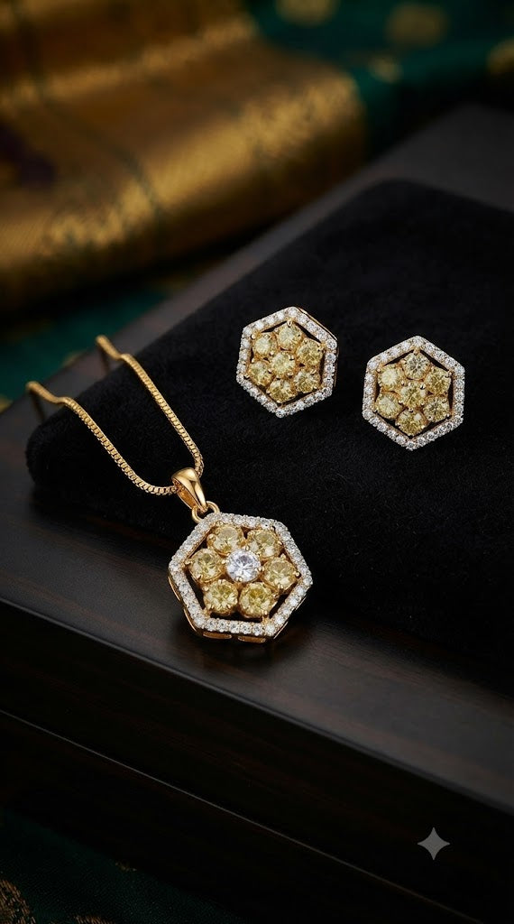 Radiant Yellow & White Stone Hexagonal Cluster Pendant Set with Matching Earrings