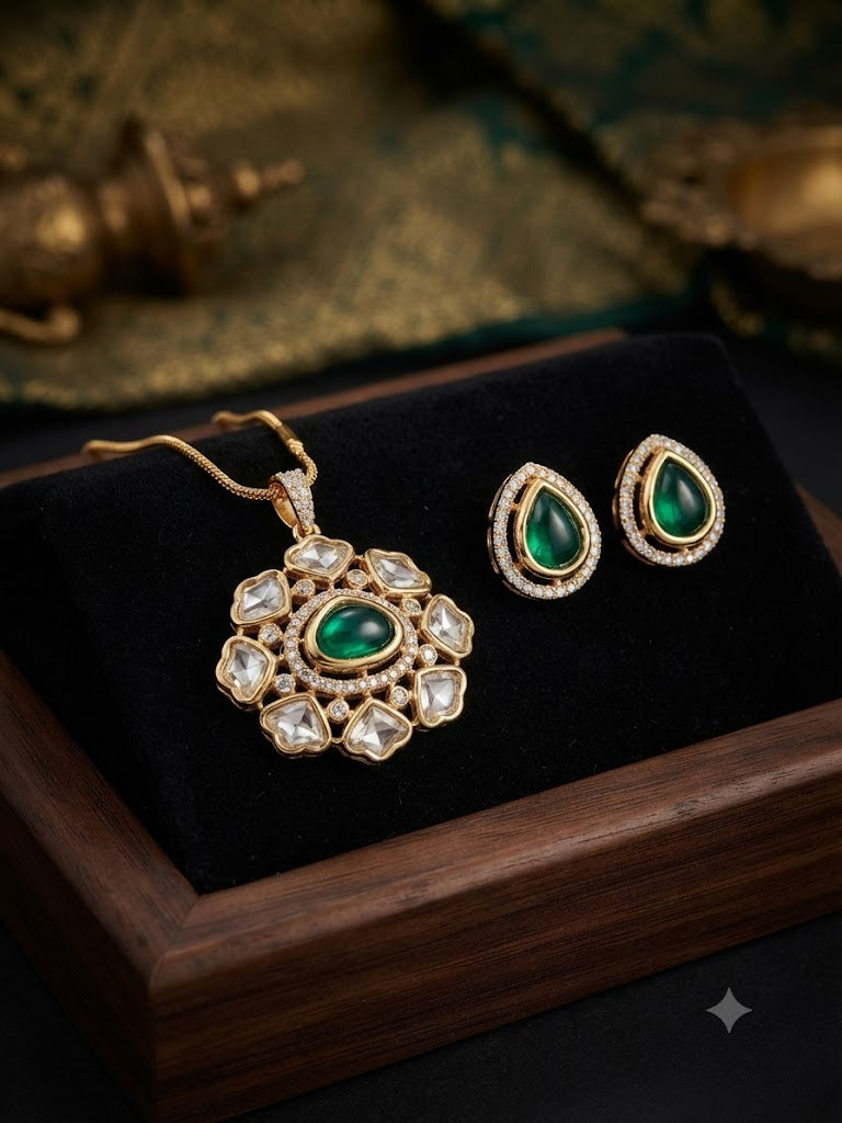 Royal Kundan & Emerald Stone Pendant Set with Matching Earrings