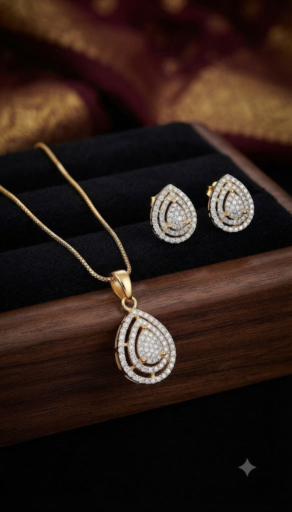 Exquisite Double-Teardrop Pave Diamond Pendant Set with Matching Earrings