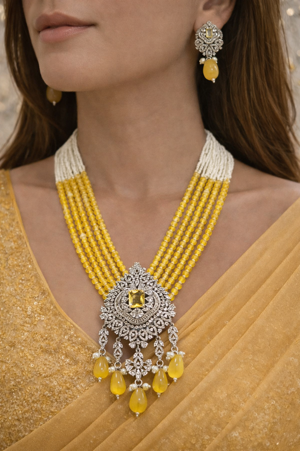 Mustard Glow CZ Beads Mala Set