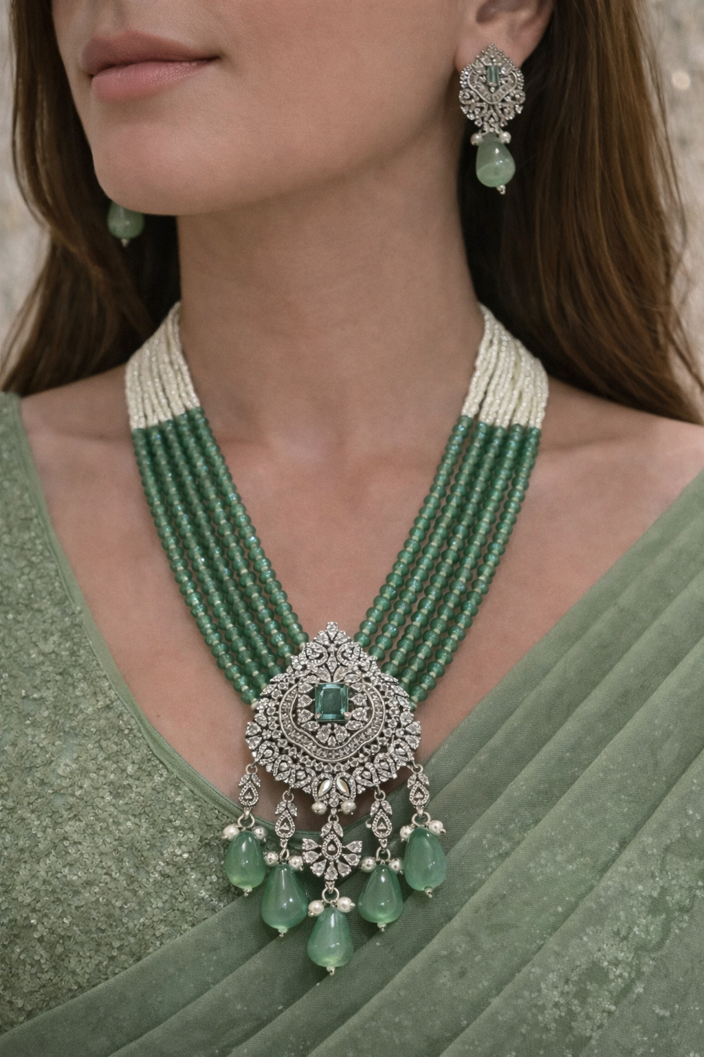 Royal Green CZ Pearl Mala Set