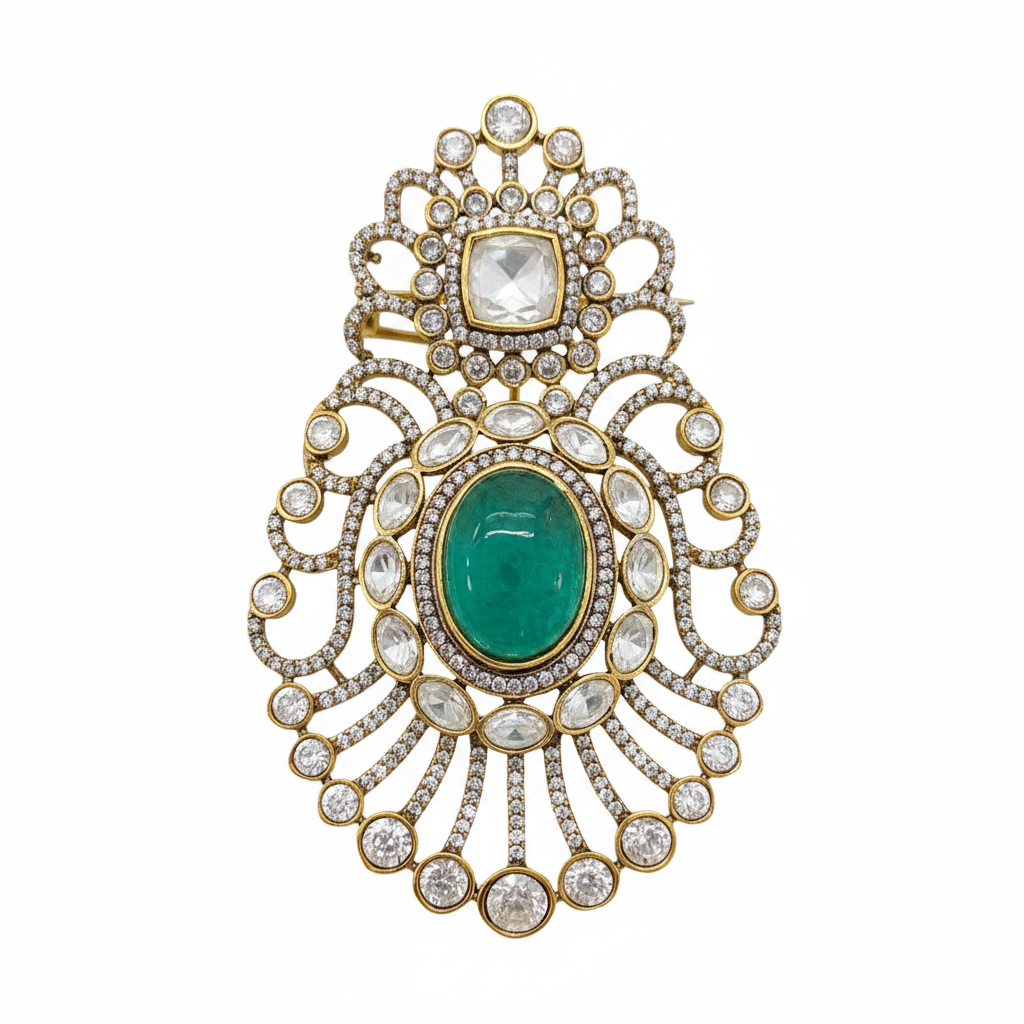 Premium Moissanite Polki Kundan Doublet Stone Brooch