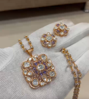 Beautiful mosinite polki kundan pendent set with design mutter chain24 inch