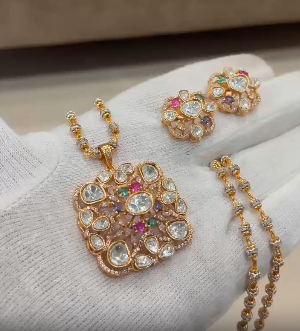 Beautiful mosinite polki kundan pendent set with design mutter chain24 inch