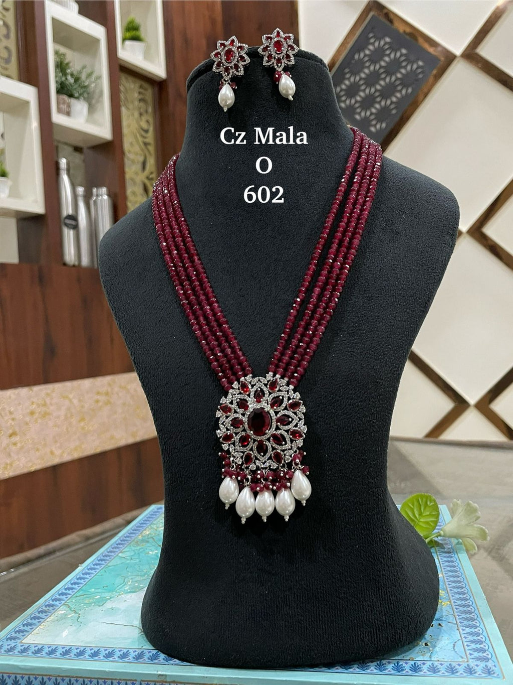 Royal Ruby CZ Pendant Pearl Drop Mala Set