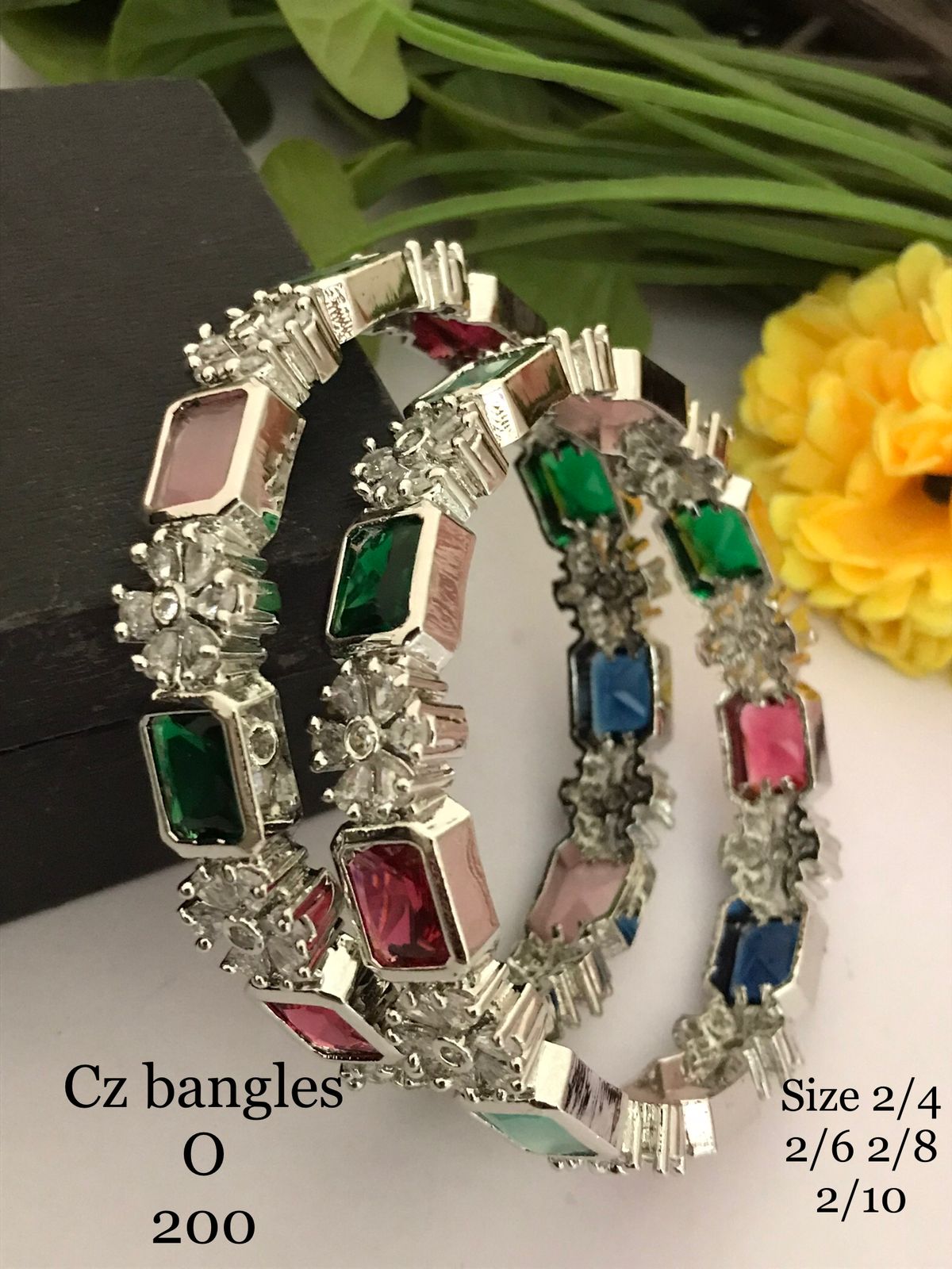 Ruby Emerald Sapphire Multi-Color CZ Bangles Set - AAA Quality - Silver Plated