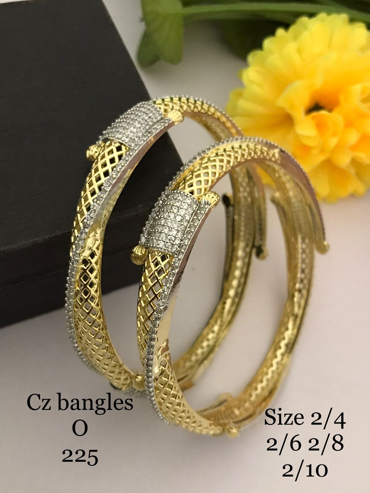 AAA Quality Jali Work CZ Stone Bar Bangles - Golden Polish
