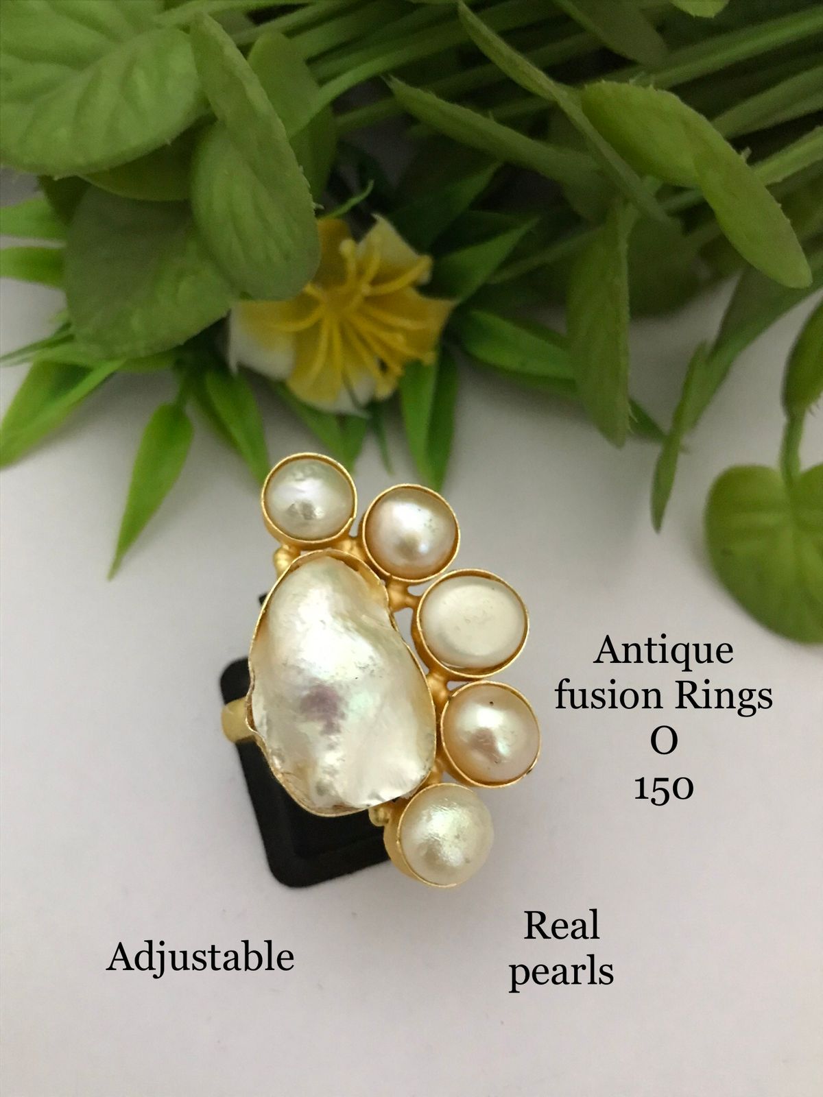 Antique Fusion Pearl Ring - Adjustable Gold Plated Ring with Real Pearls