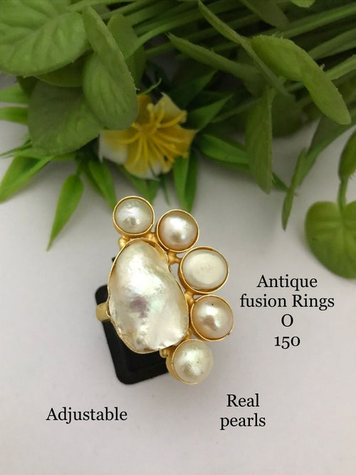 Antique Fusion Pearl Ring - Adjustable Gold Plated Ring with Real Pearls