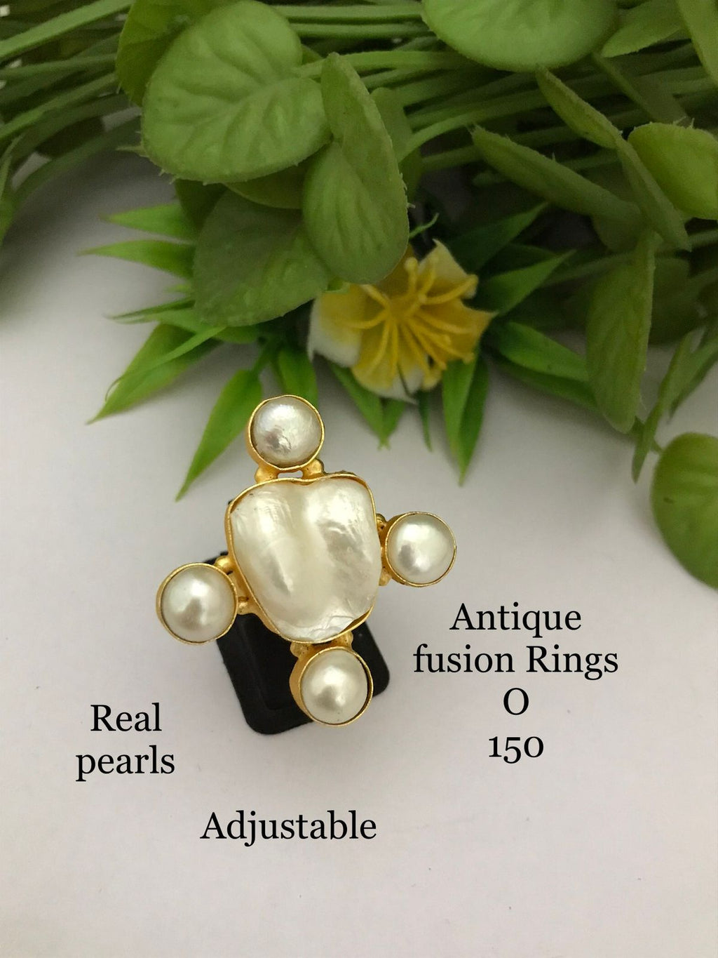 Real Round Pearl Cluster Fusion Ring - Adjustable - Gold Plated