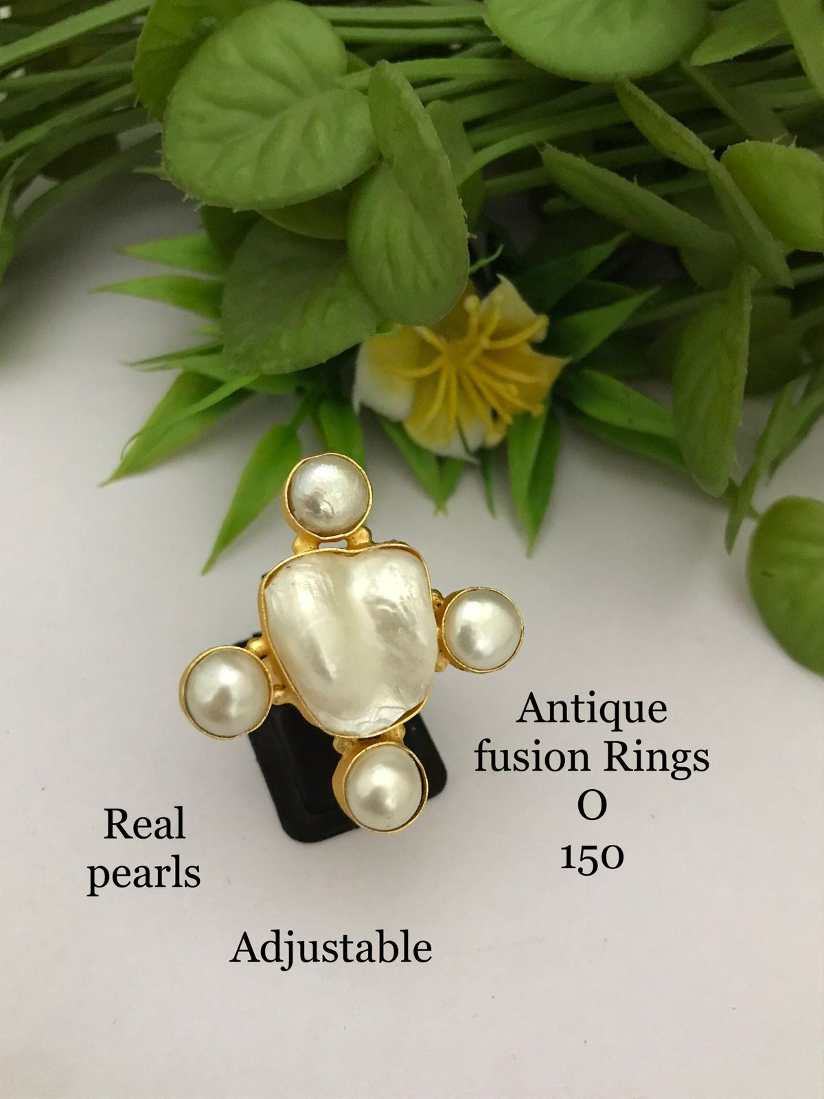 Real Round Pearl Cluster Fusion Ring - Adjustable - Gold Plated