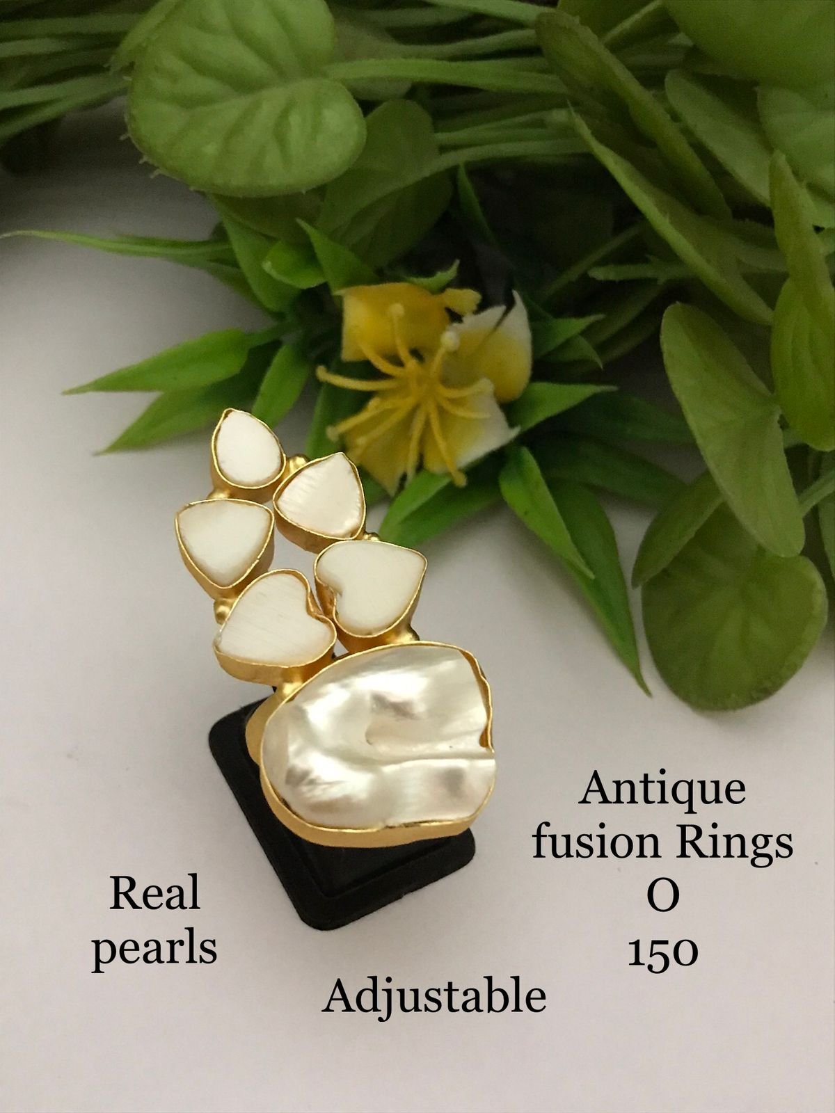 Real Triangle Pearl Cluster Fusion Ring - Adjustable - Gold Plated
