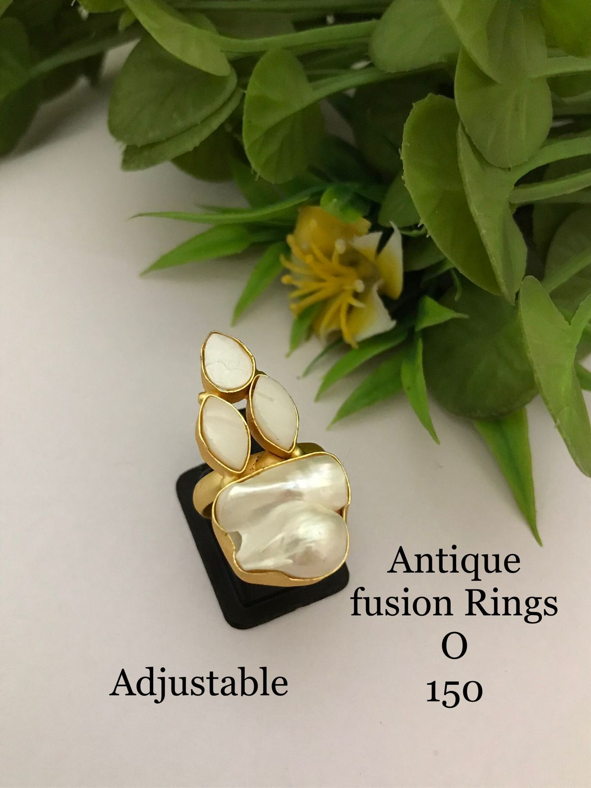 Real Marquise Pearl Cluster Fusion Ring - Adjustable - Gold Plated