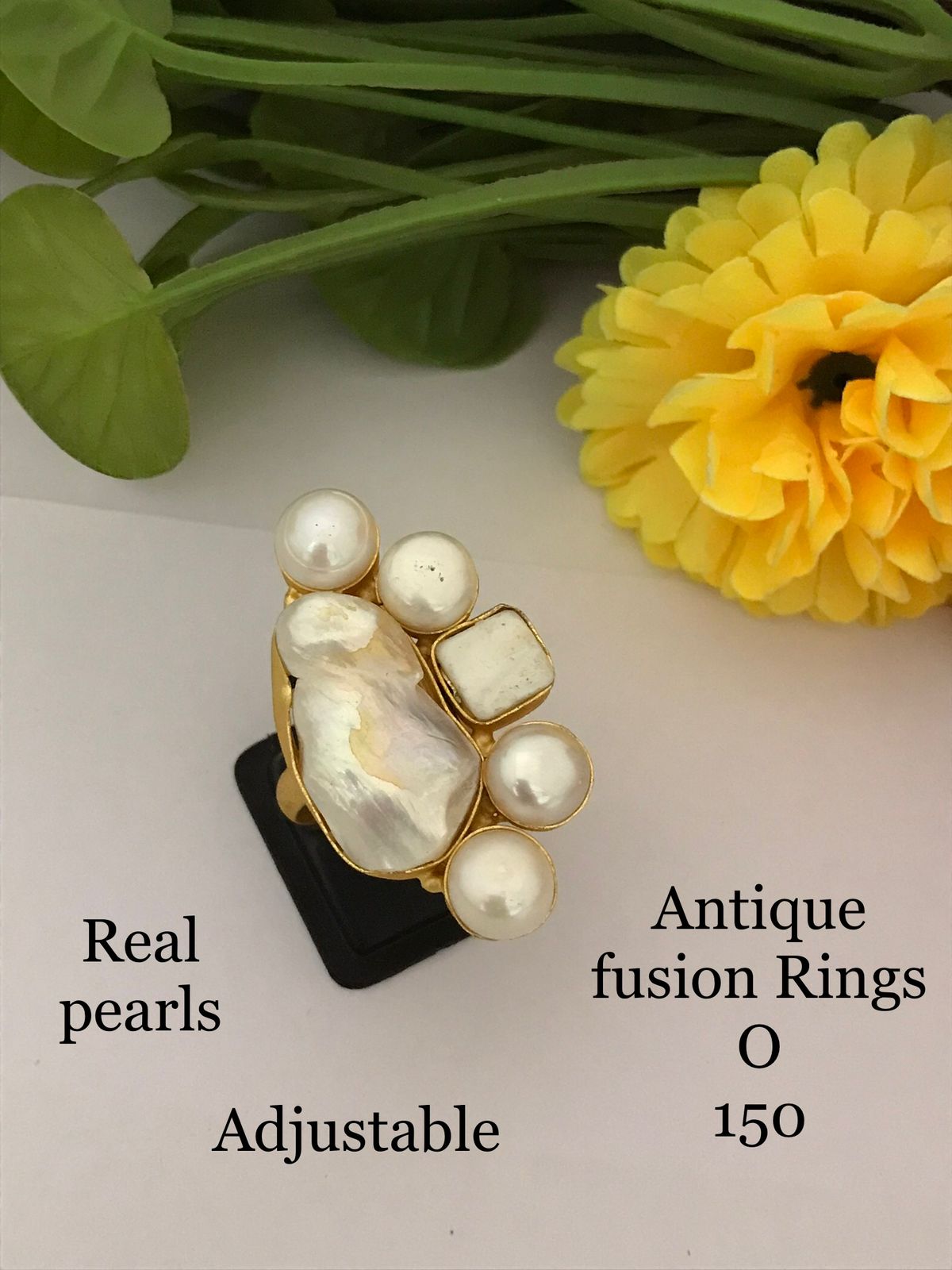 Real Round Pearl & Square MOP Fusion Ring - Adjustable - Gold Plated