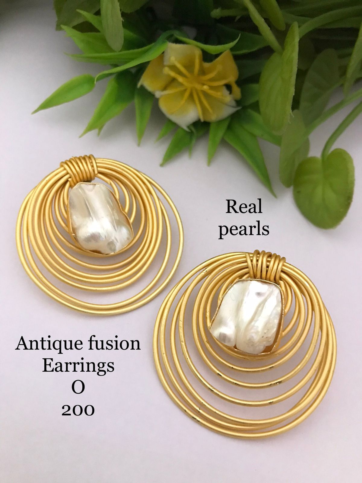 Ivory Handmade real pearls fusion earrings with met gold polish
