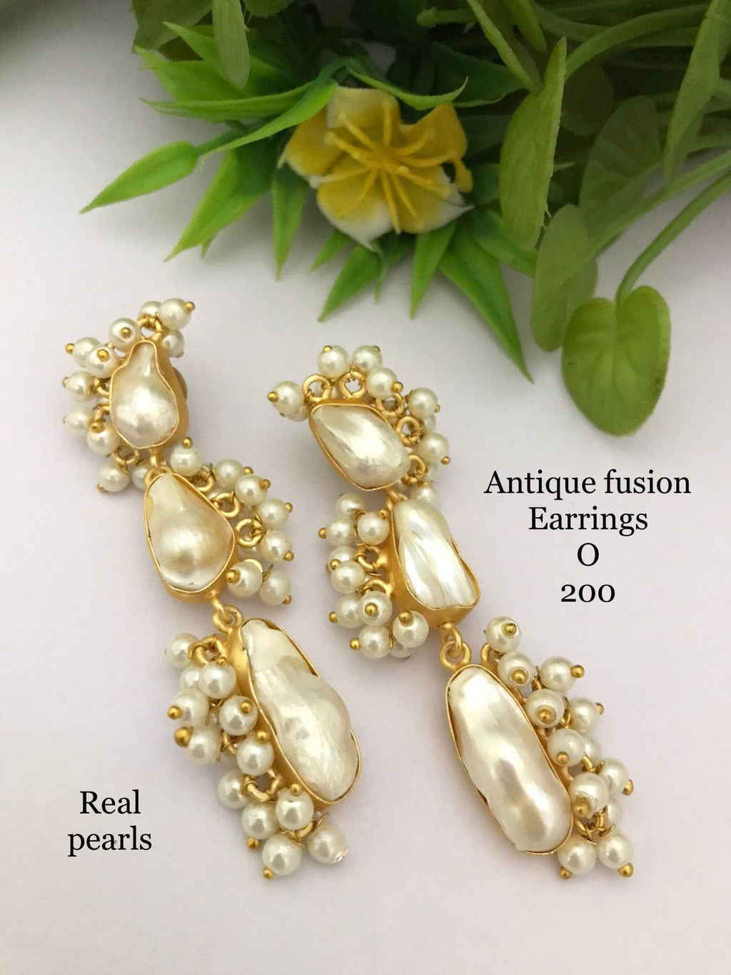 Antique Fusion Real Pearl Drop Earrings – Matte Gold Finish