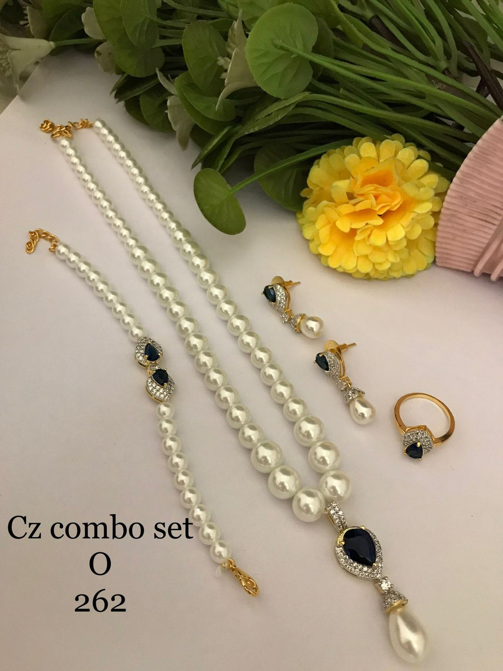 Navy Blue CZ Pearl Luxe Combo Set  (Necklace • Earrings • Ring • Bracelet)