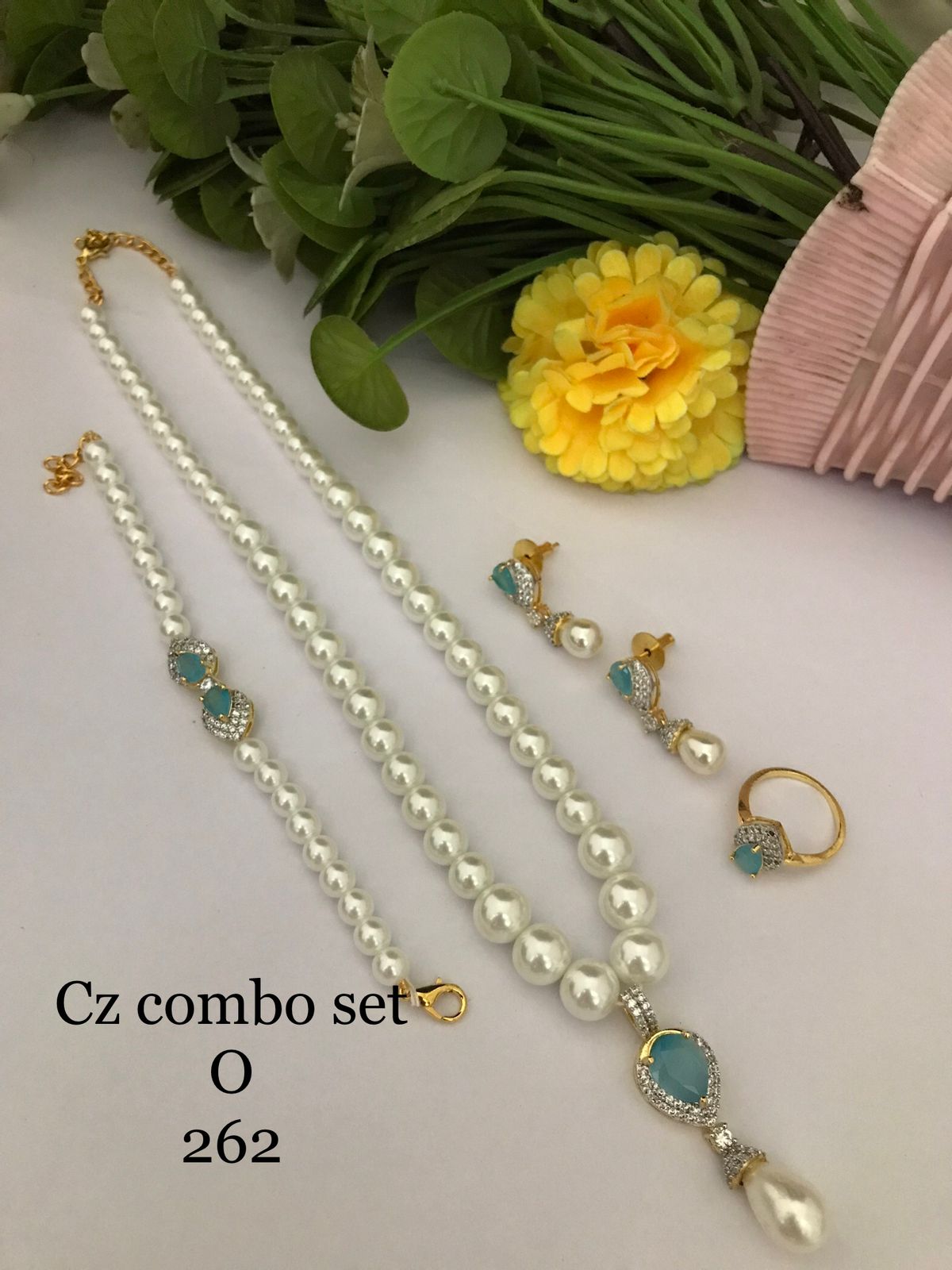 Light Blue CZ Pearl Luxe Combo Set  (Necklace • Earrings • Ring • Bracelet)