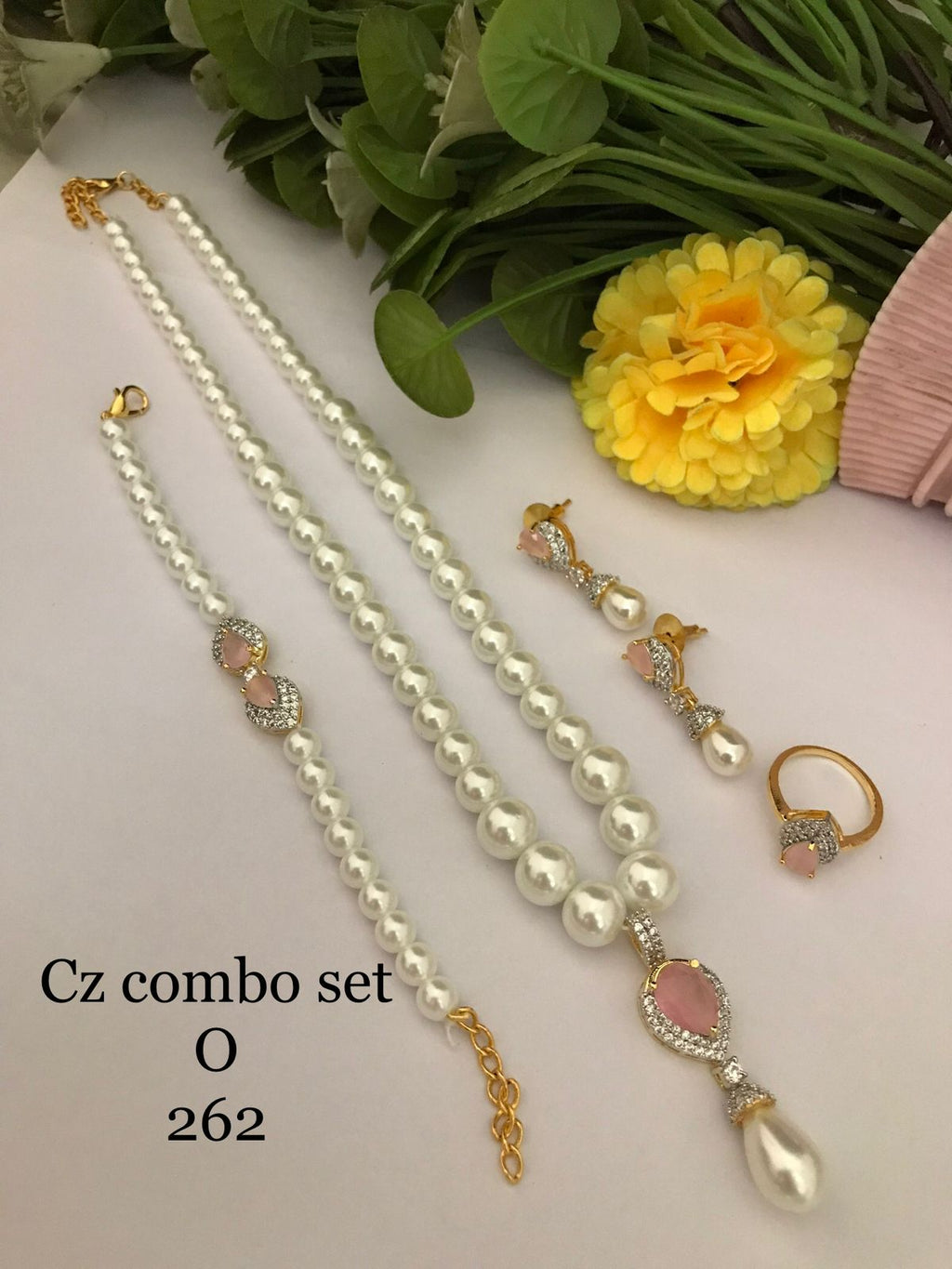 Pink CZ Pearl Luxe Combo Set  (Necklace • Earrings • Ring • Bracelet)