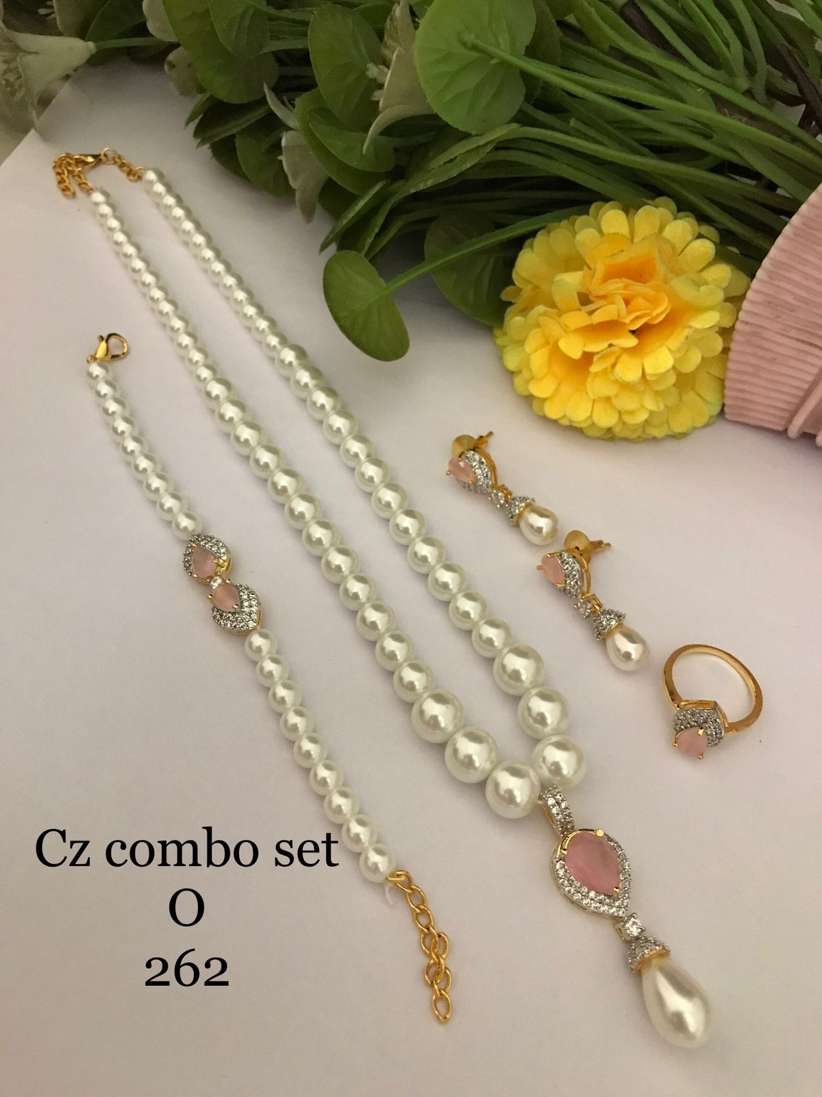 Pink CZ Pearl Luxe Combo Set  (Necklace • Earrings • Ring • Bracelet)