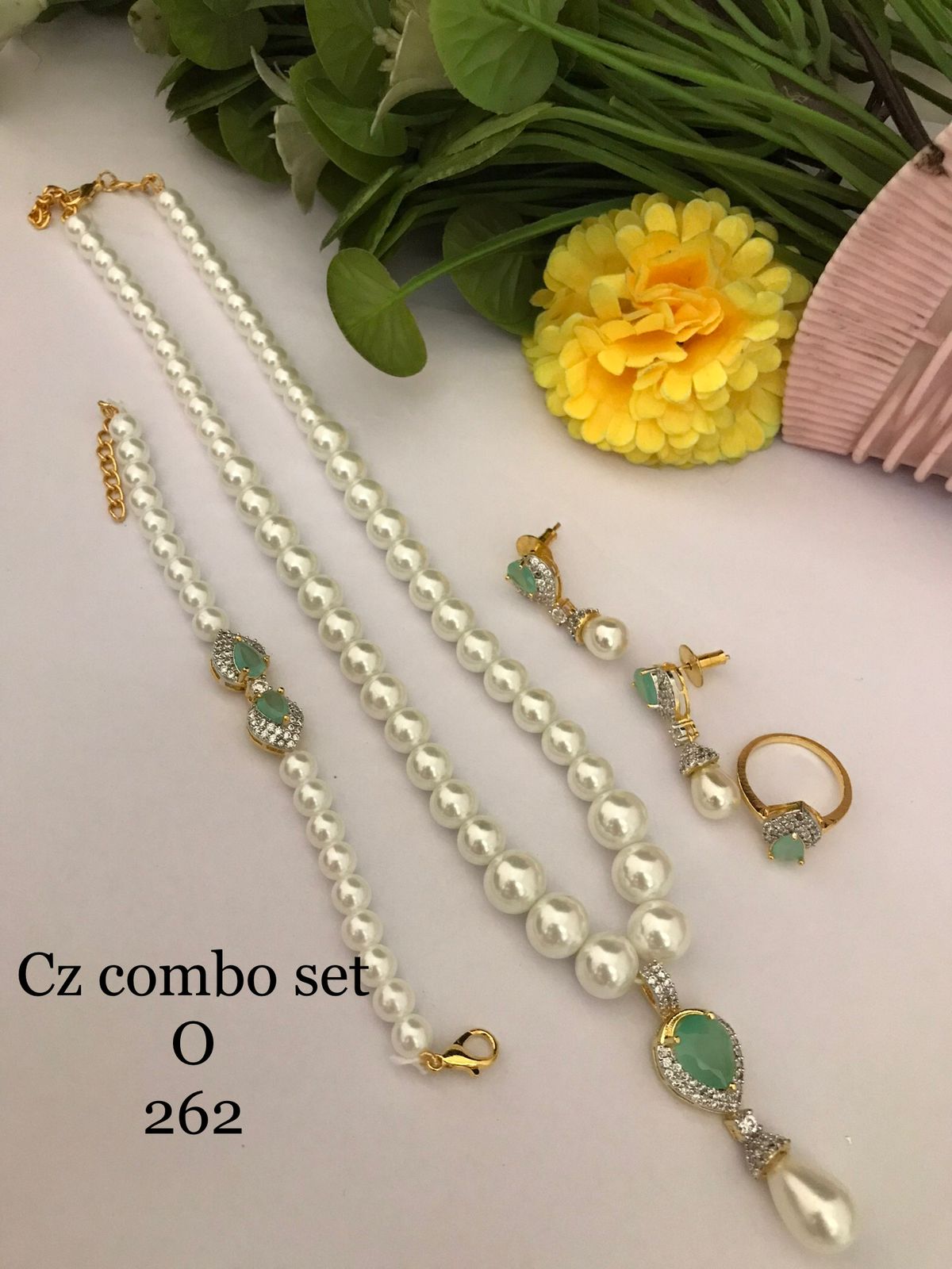 Green CZ Pearl Luxe Combo Set  (Necklace • Earrings • Ring • Bracelet)