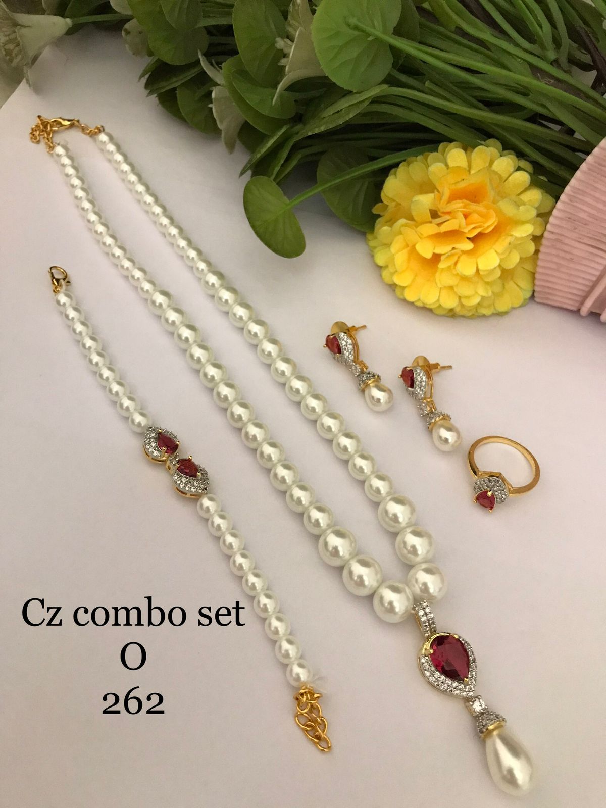 Red CZ Pearl Luxe Combo Set  (Necklace • Earrings • Ring • Bracelet)