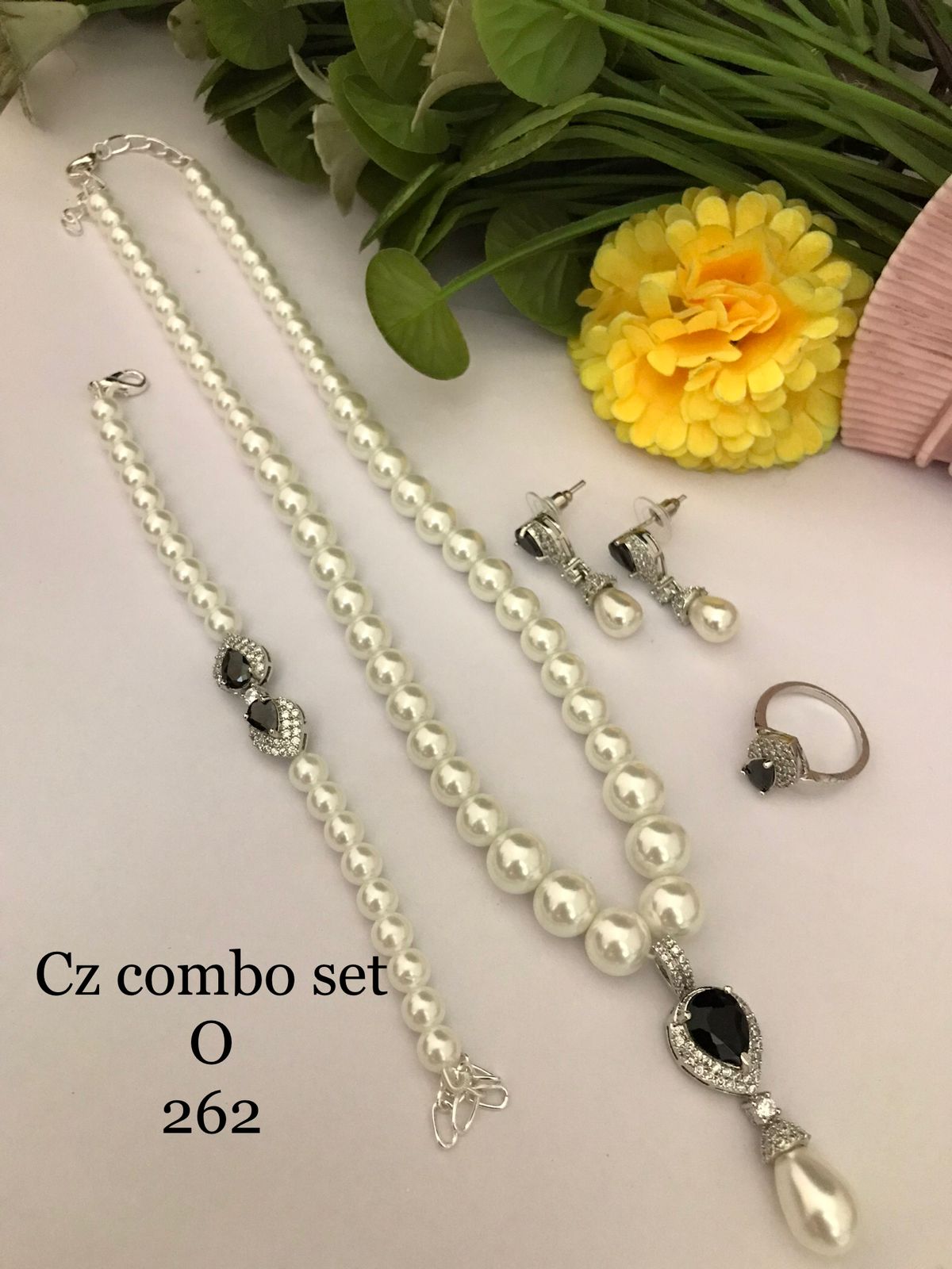 Black CZ Pearl Luxe Combo Set  (Necklace • Earrings • Ring • Bracelet)