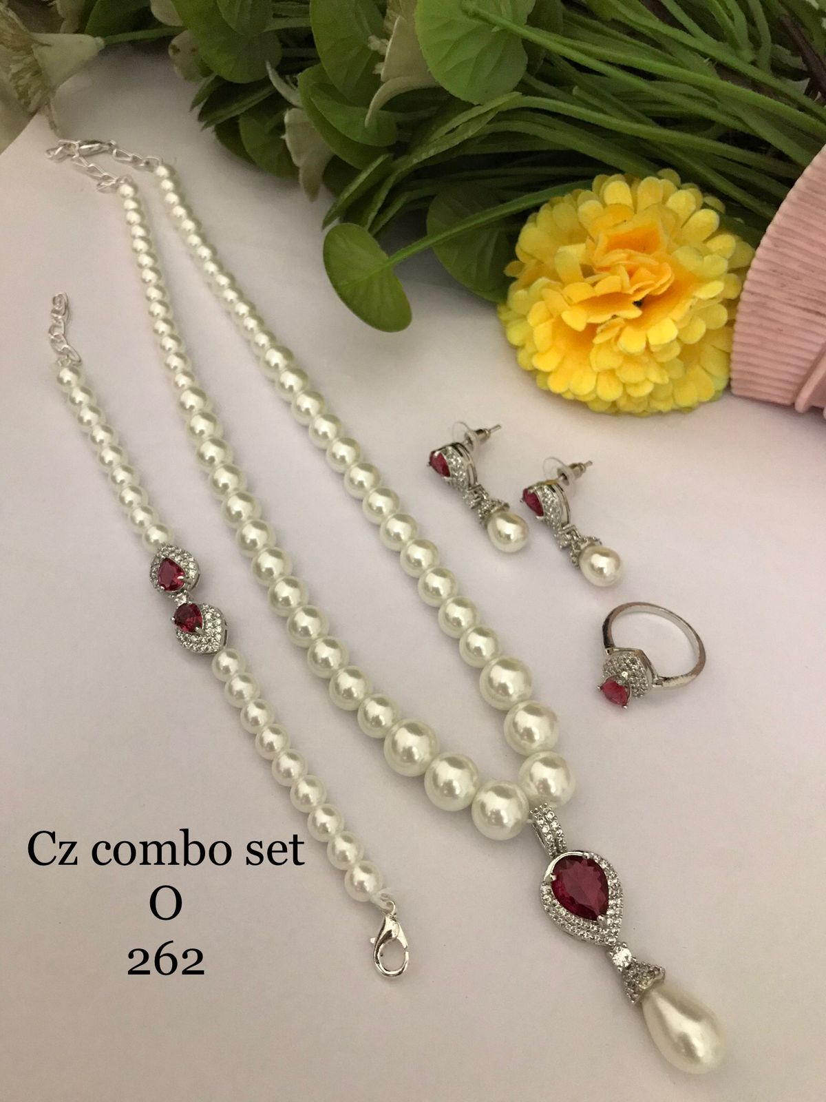 Nooréva Red CZ Pearl Luxe Combo Set  (Necklace • Earrings • Ring • Bracelet)