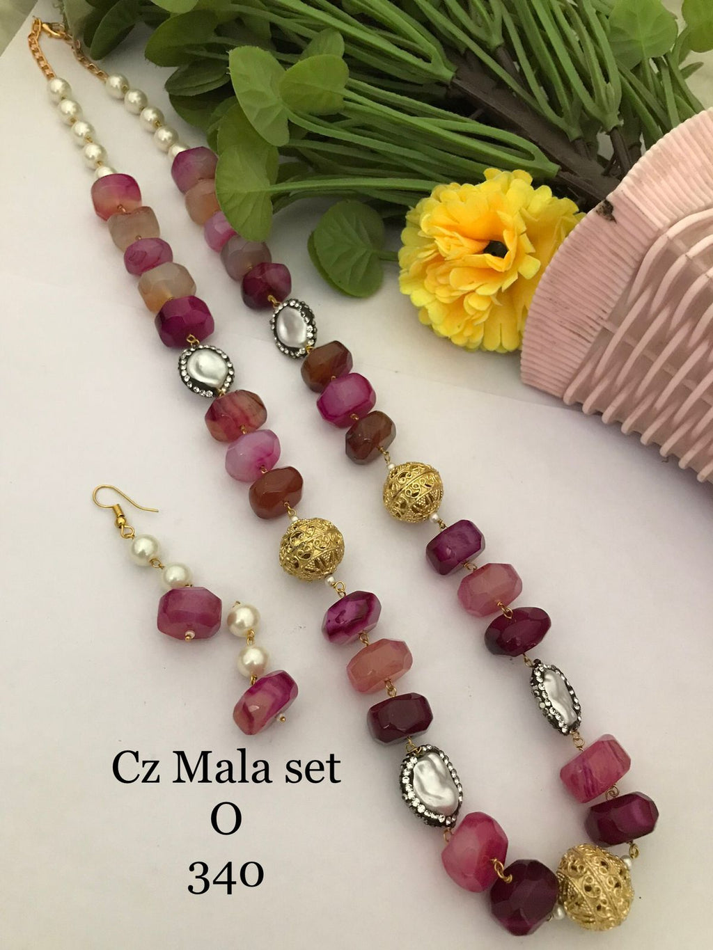 CZ Mala Set | Natural Quartz & MOP Pearl Beads Necklace Set with Earrings | Multiple Colours