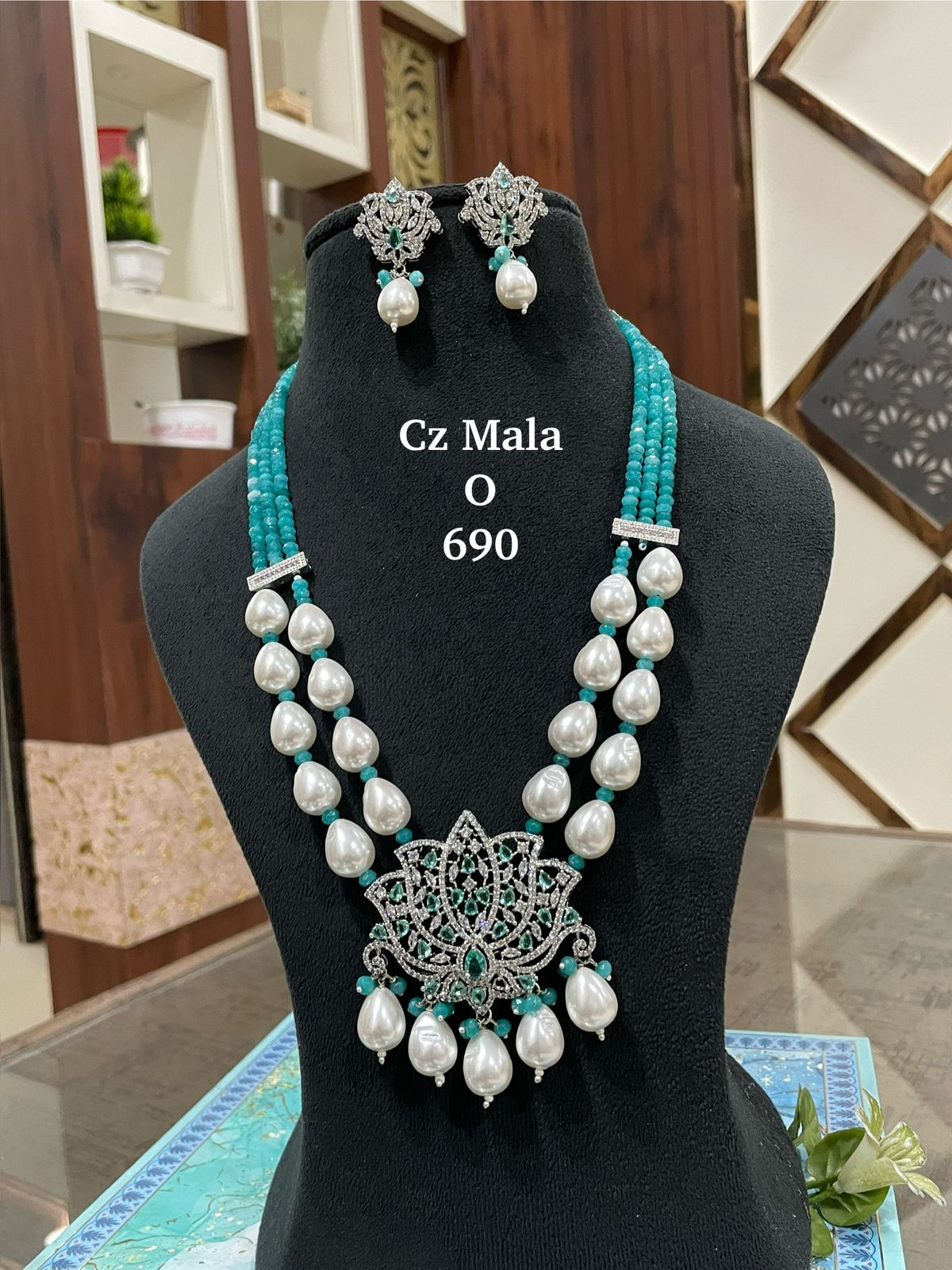 Lotus CZ Pendant Turquoise Onyx & Shell Pearl Mala Set - 22 Inch - AAA Quality