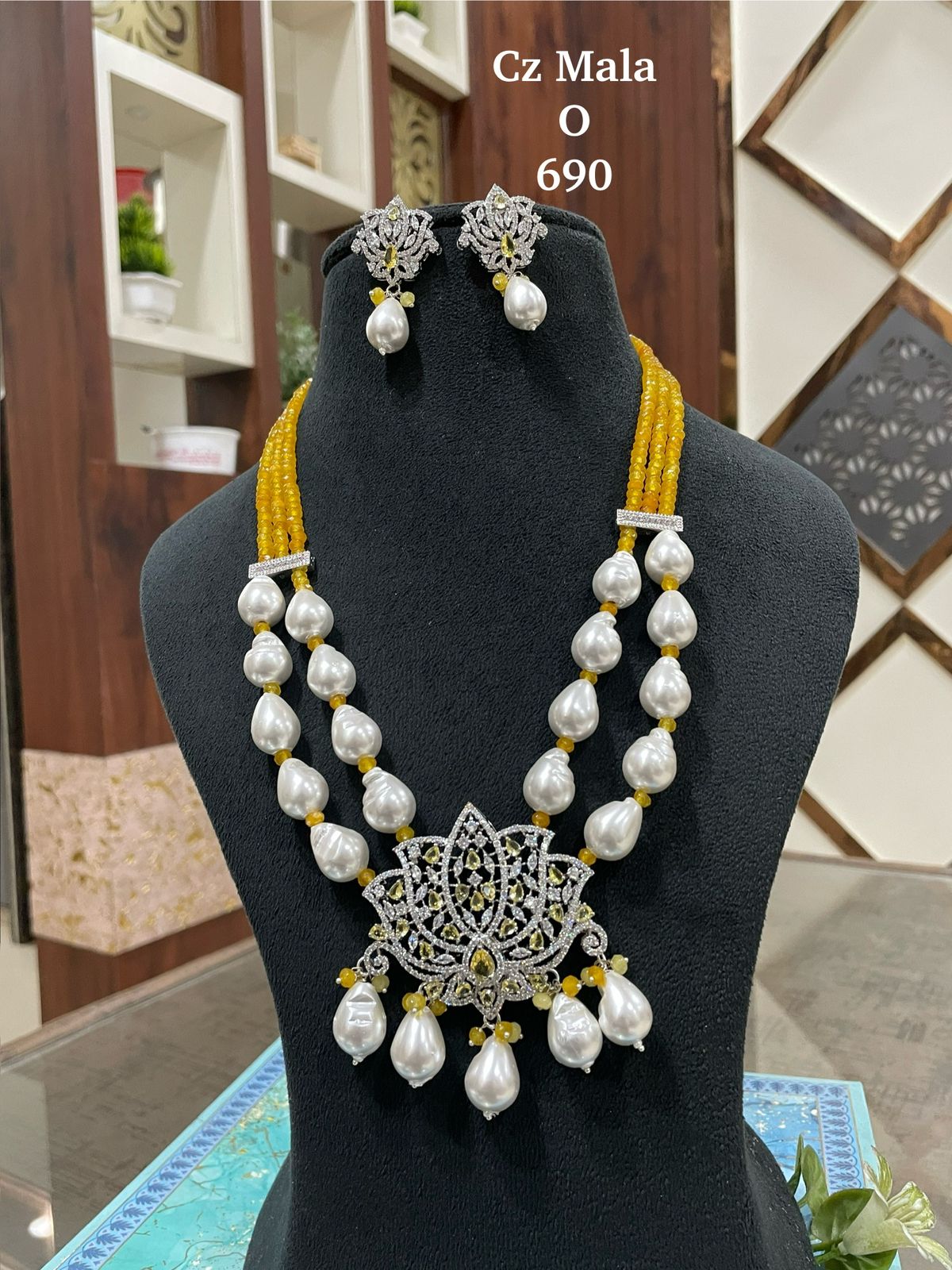 Lotus CZ Pendant Yellow Onyx & Shell Pearl Mala Set - 22 Inch - AAA Quality