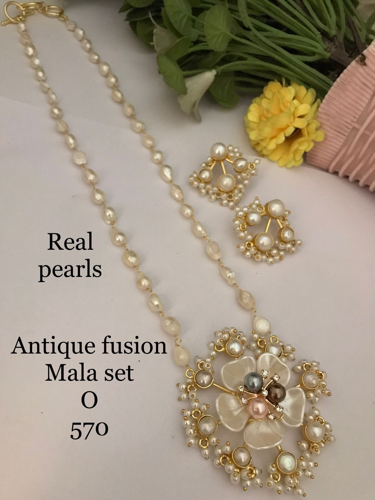 Circular Floral Pendant Real Freshwater Pearl Mala Set - 20-22 Inch - Handmade