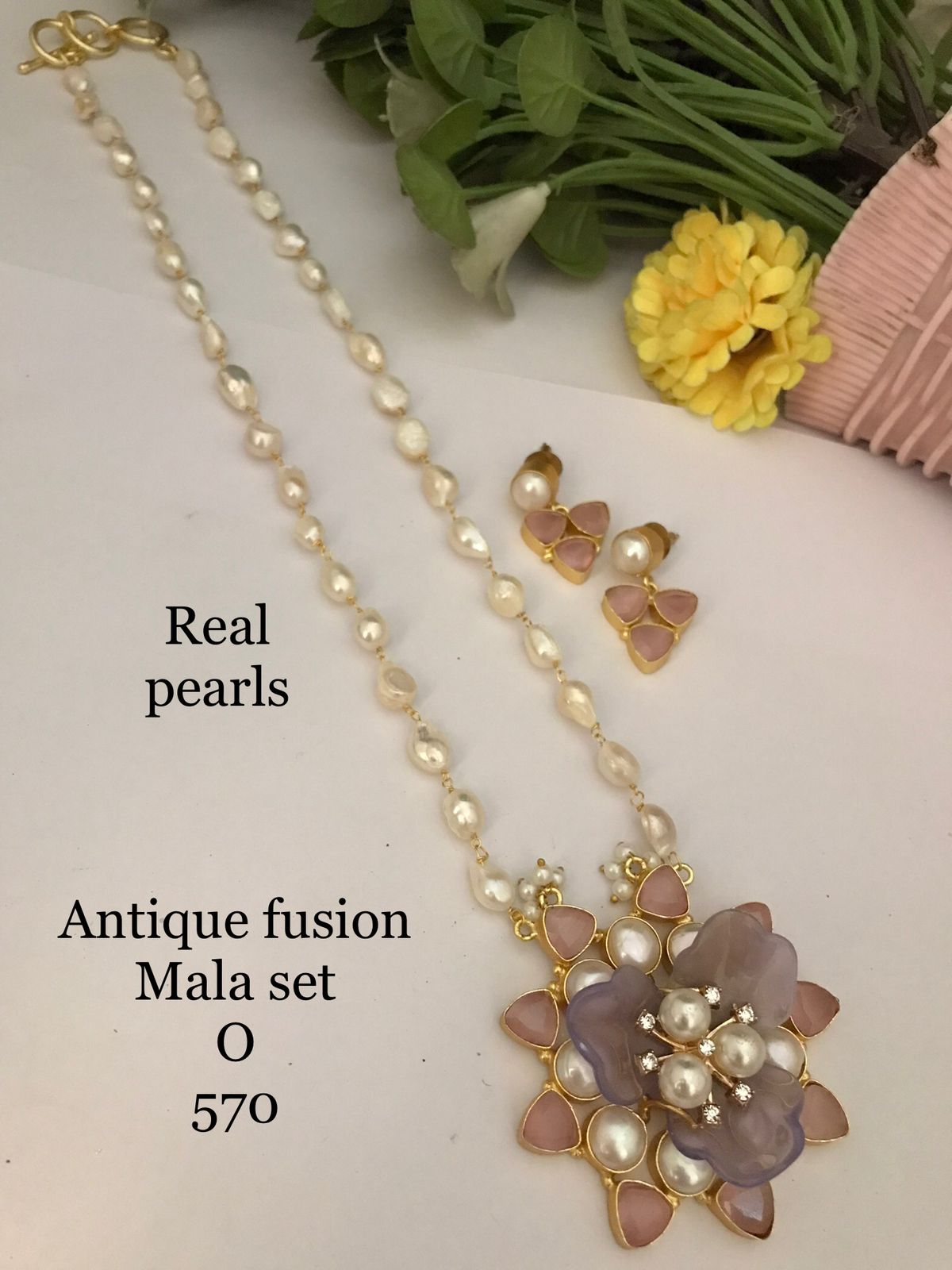 Pink Floral Pendant Real Freshwater Pearl Mala Set - 20-22 Inch - Handmade