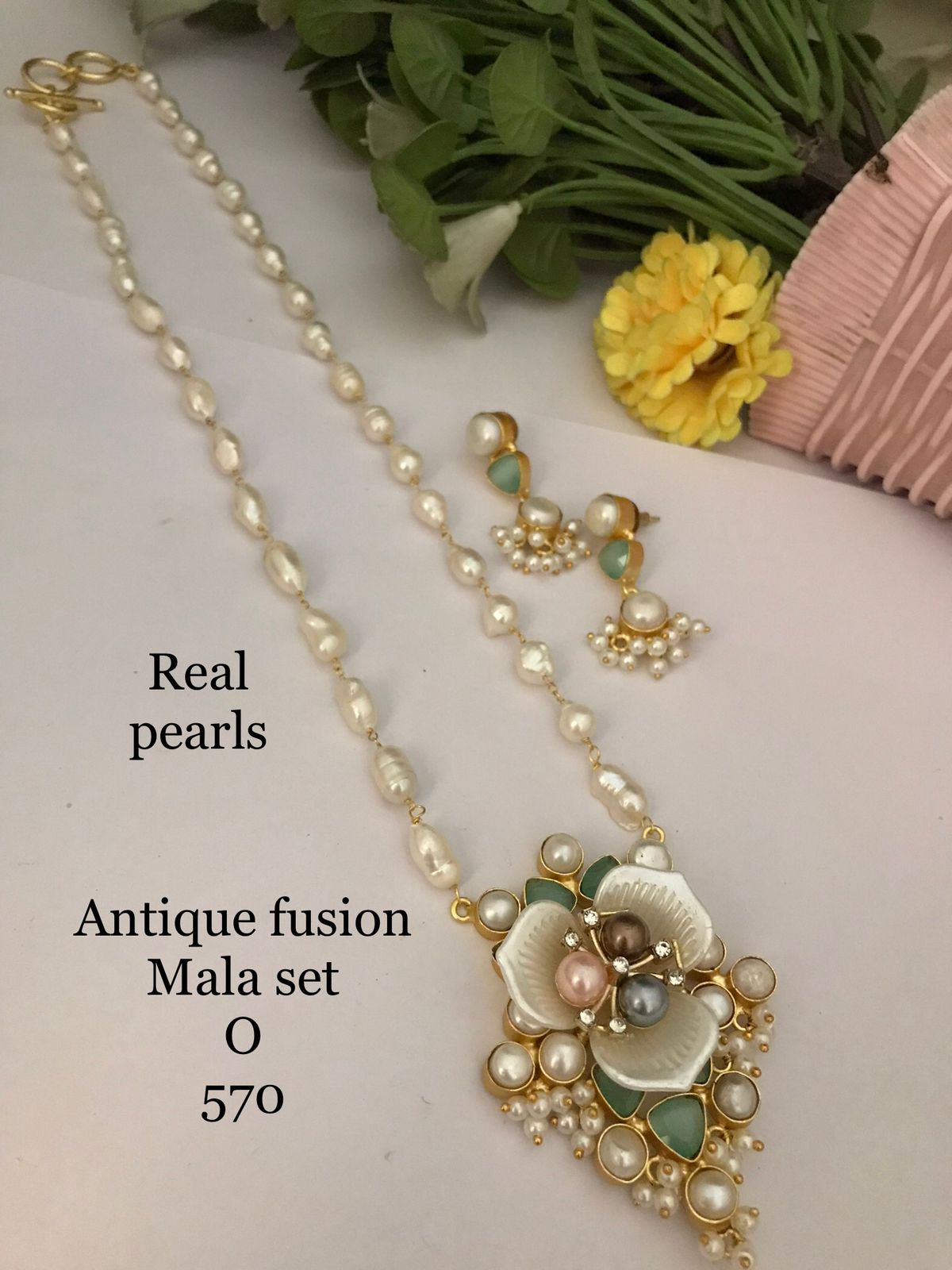 Mint Green Floral Pendant Real Freshwater Pearl Mala Set - 20-22 Inch - Handmade