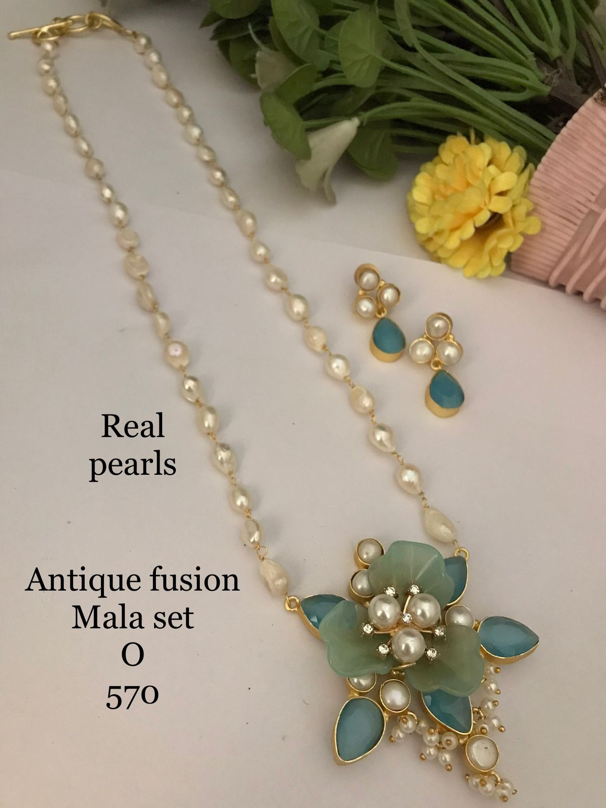 Blue & Pink Floral Pendant Real Freshwater Pearl Mala Set - 20-22 Inch - Handmade