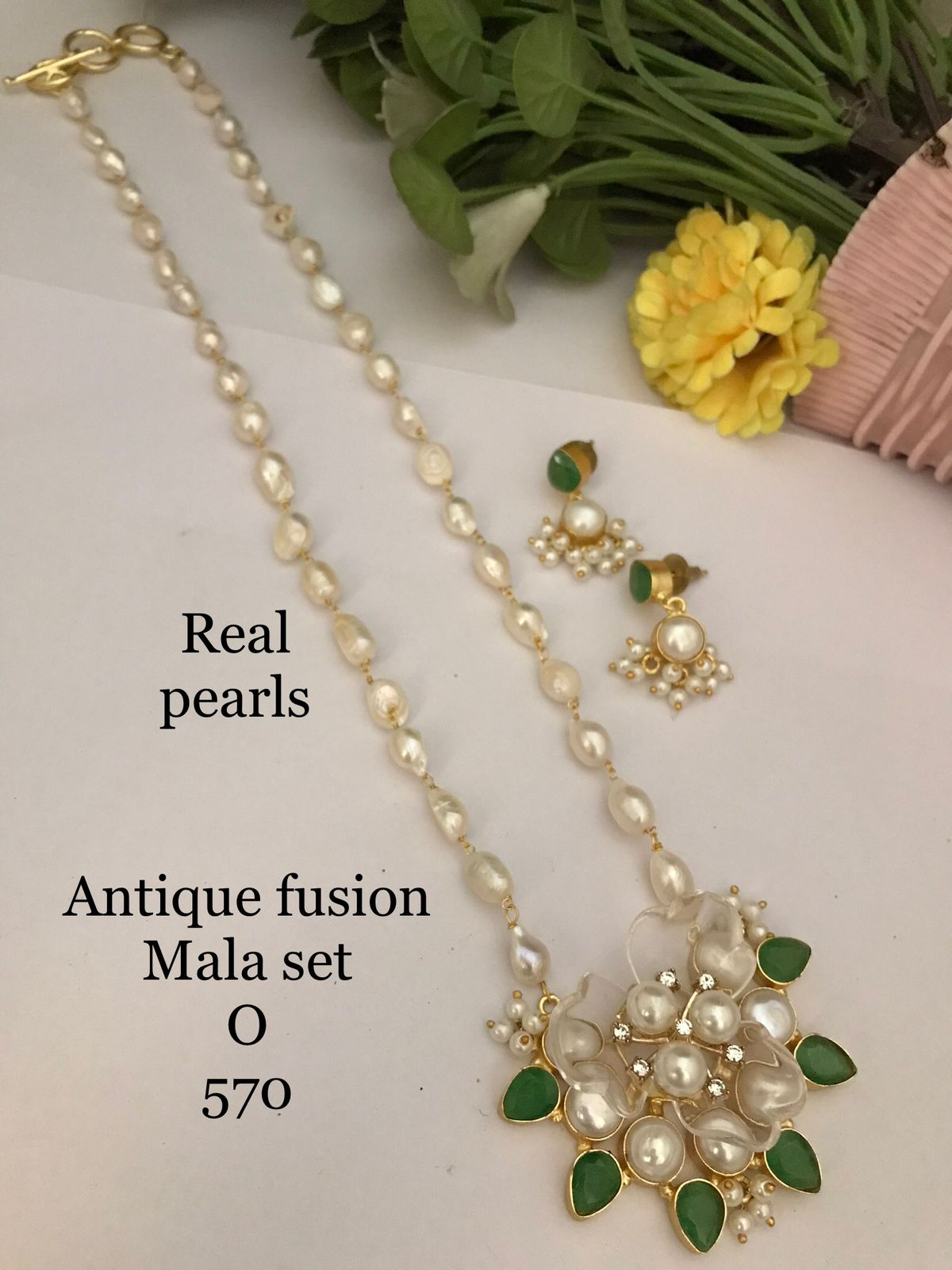 White & Green Pearl Cluster Pendant Real Freshwater Pearl Mala Set - 20-22 Inch - Handmade