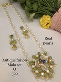 Mint Green & Blue Floral Pendant Real Freshwater Pearl Mala Set - 20-22 Inch - Handmade