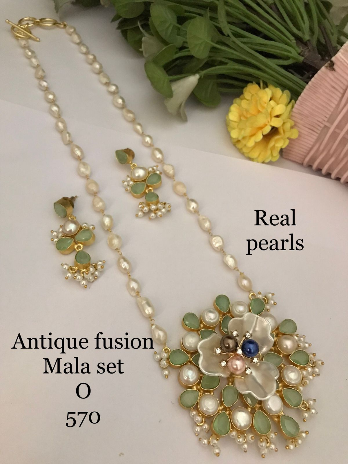 Mint Green & Blue Floral Pendant Real Freshwater Pearl Mala Set - 20-22 Inch - Handmade