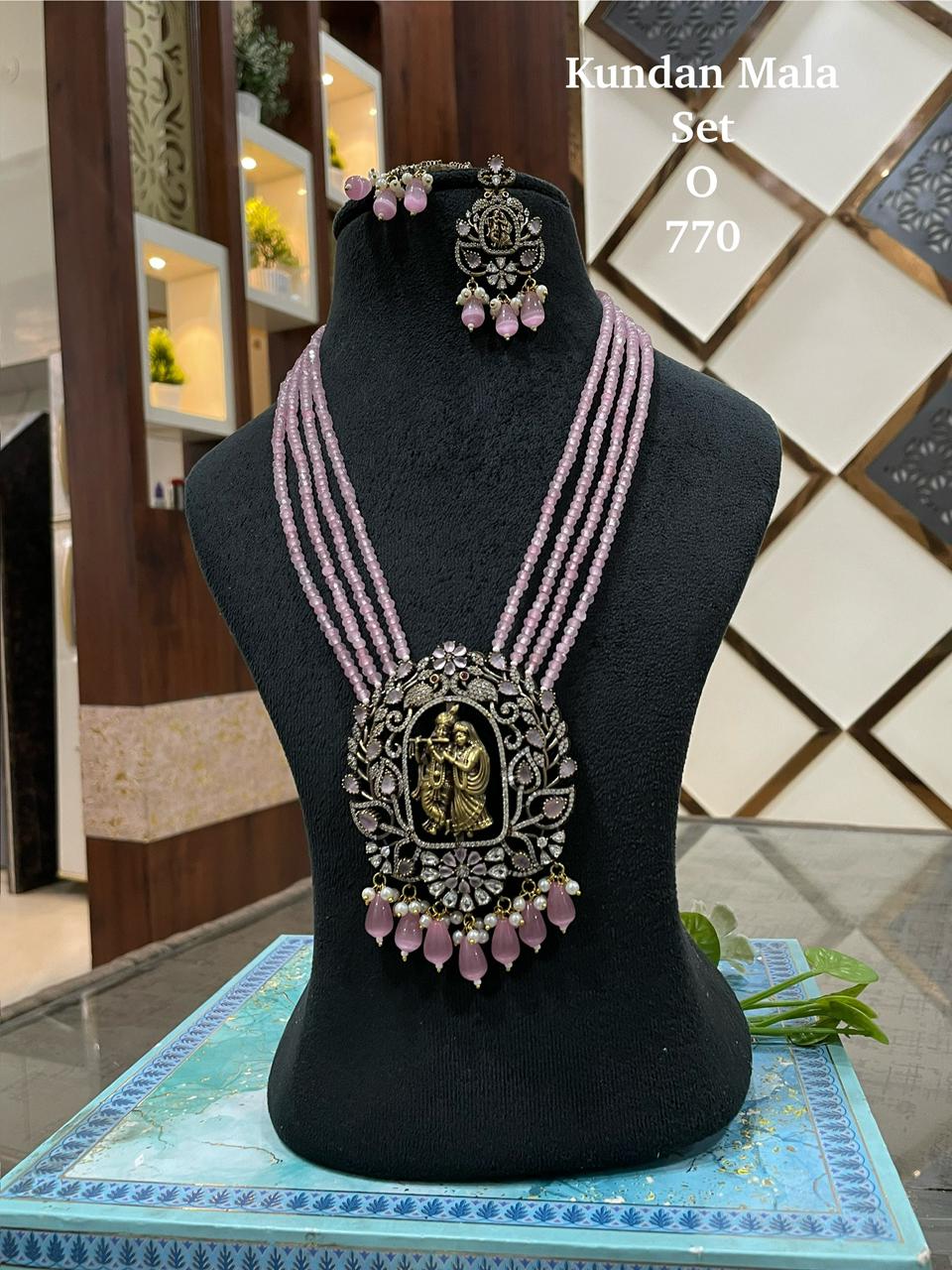 Radha Krishna Rose Pink Kundan Mala Set