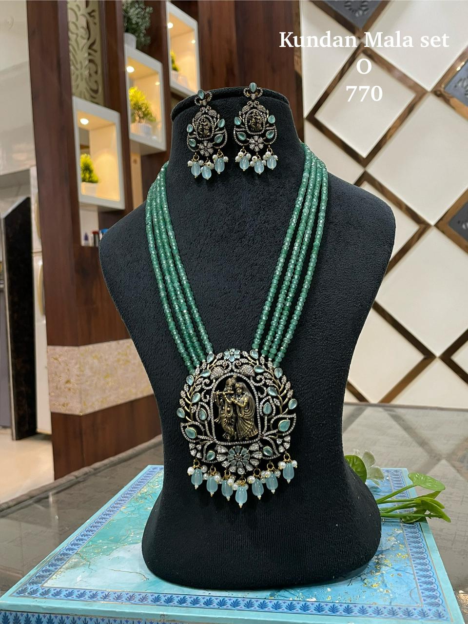 Radha Krishna Emerald Green Kundan Mala Set
