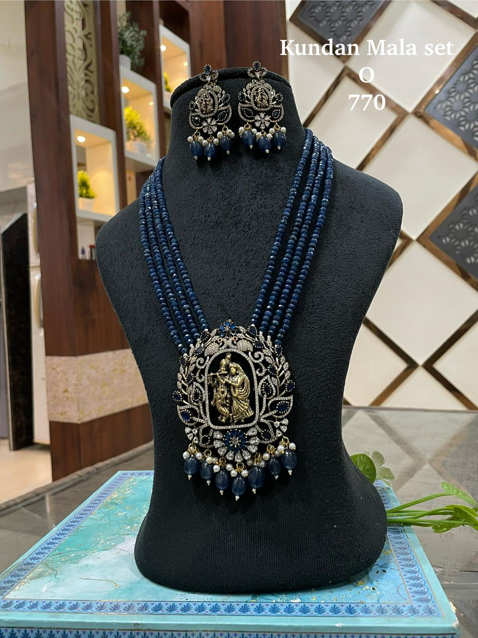 Radha Krishna Navy Blue Kundan Mala Set