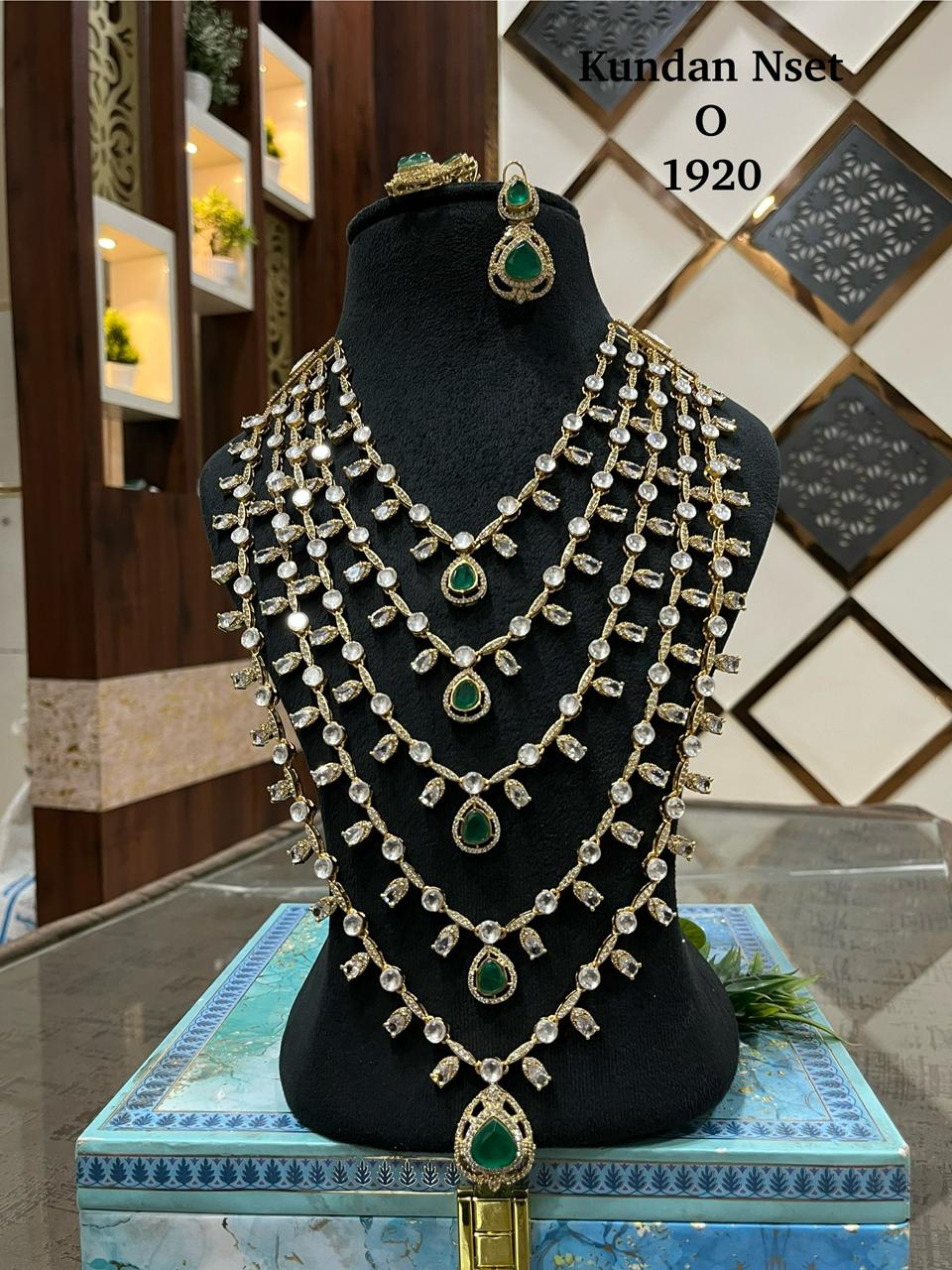 Kundan Necklace Set - Multi-Layered Emerald & Pearl Necklace Set