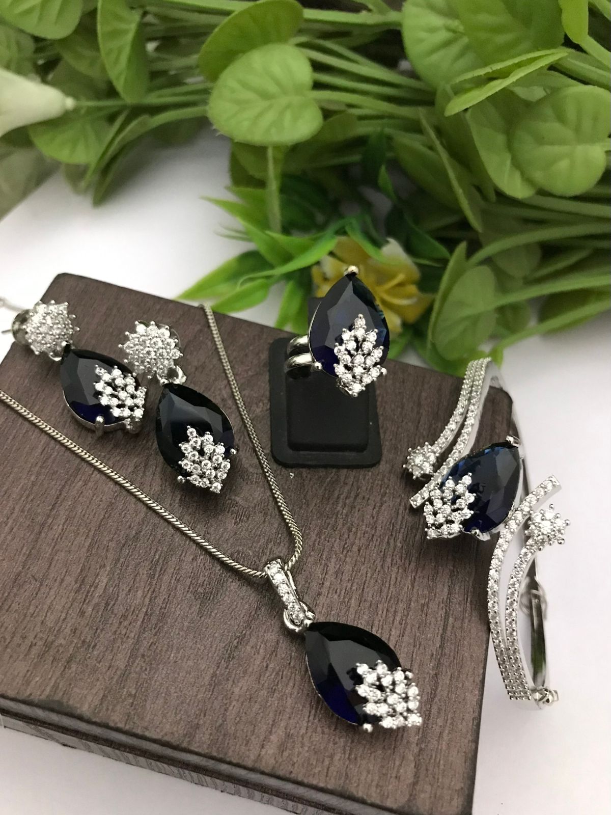 Navy Blue CZ Jewelry Set - Necklace, Earrings, Ring & Bangle