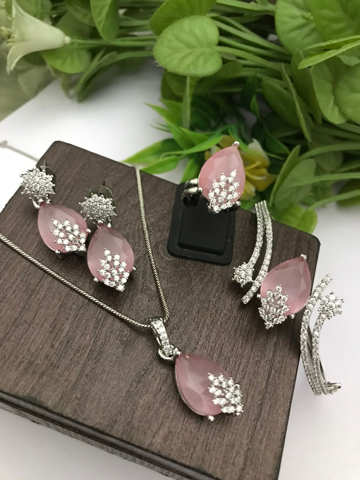 Pink CZ Jewelry Set - Necklace, Earrings, Ring & Bangle