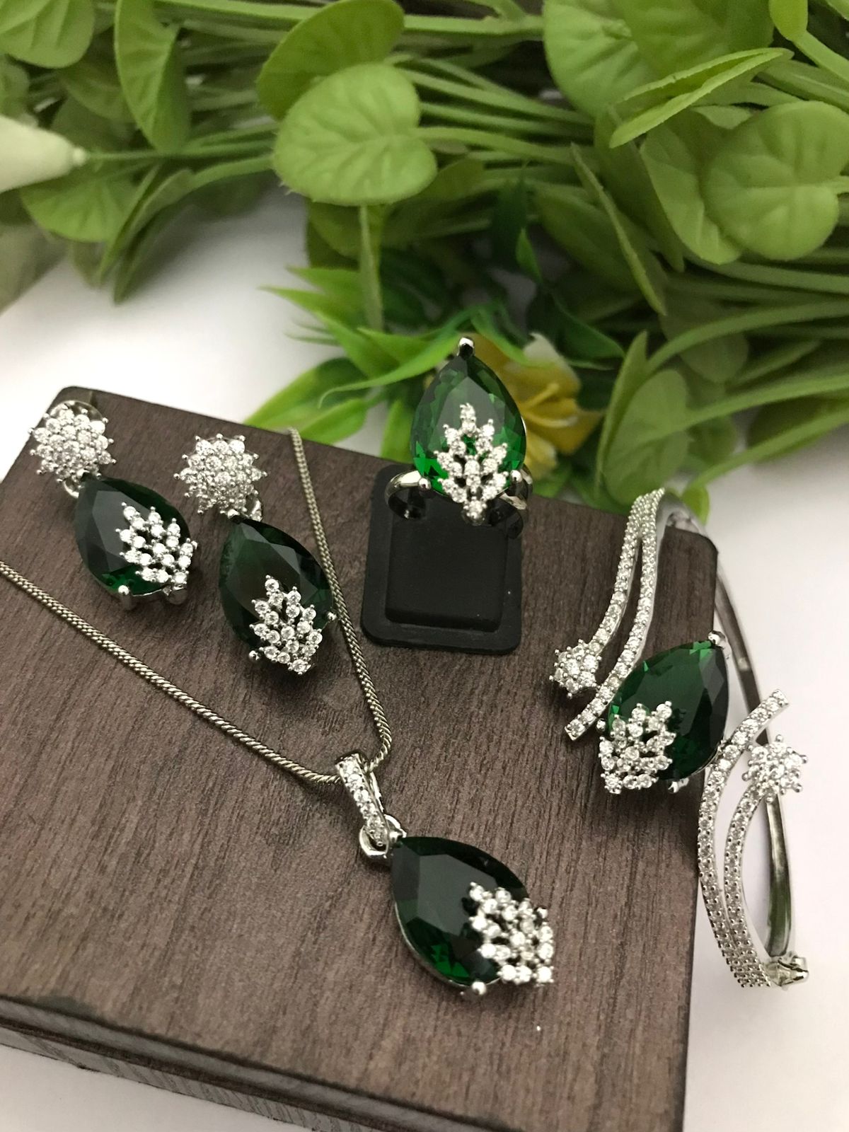 Dark Green CZ Jewelry Set - Necklace, Earrings, Ring & Bangle