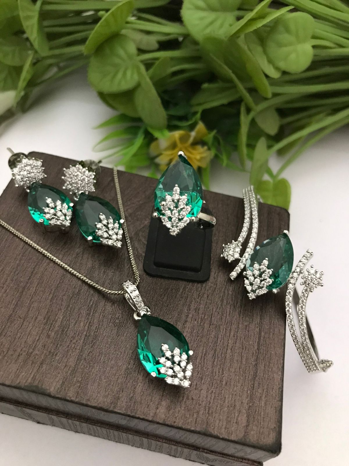 Emerald Green CZ Jewelry Set - Necklace, Earrings, Ring & Bangle